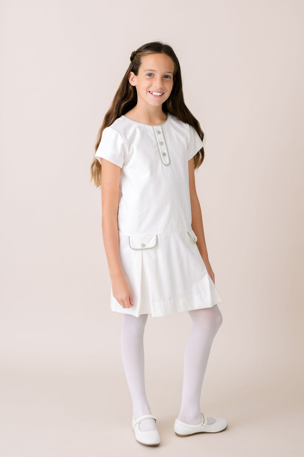 Harriet Dress  - Winter White Velvet, Leyland Green Velvet
