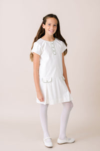 Harriet Dress  - Winter White Velvet, Leyland Green Velvet