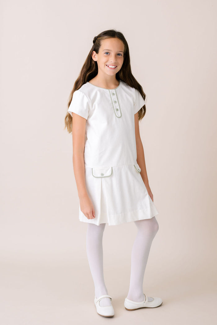 Harriet Dress  - Winter White Velvet, Leyland Green Velvet