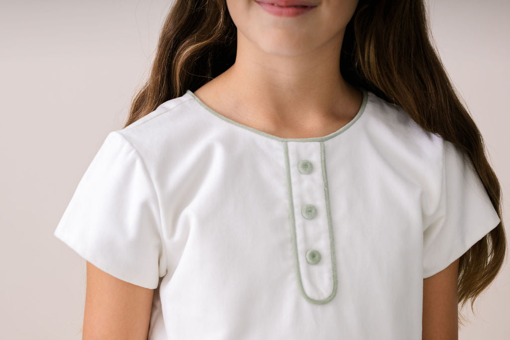 Harriet Dress  - Winter White Velvet, Leyland Green Velvet