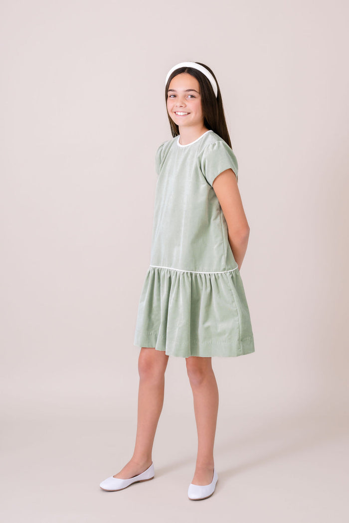 Delilah Dropwaist Dress - Leyland Green Velvet, Winter White Velvet